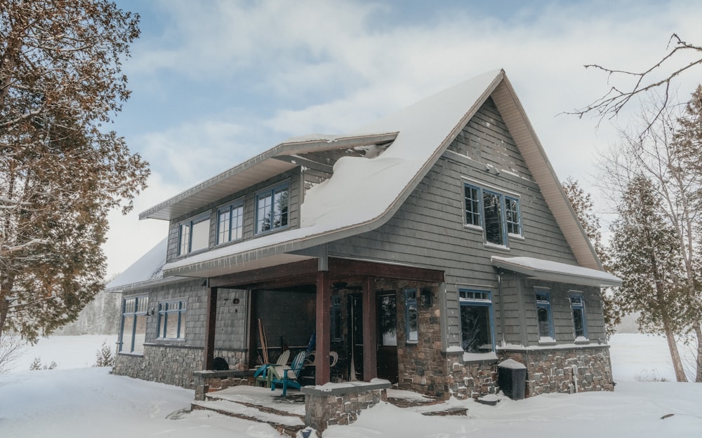 A home exterior clad in fiber cement shingle siding with a stone base.